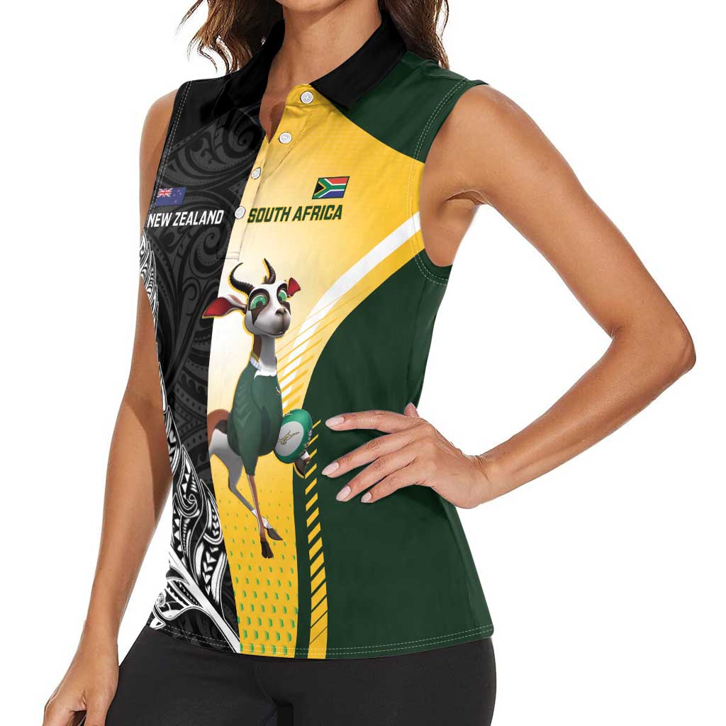 New Zealand and South Africa Rugby Custom Women Sleeveless Polo Shirt Maori Silver Fern Springbok Together - Polynesian Pride