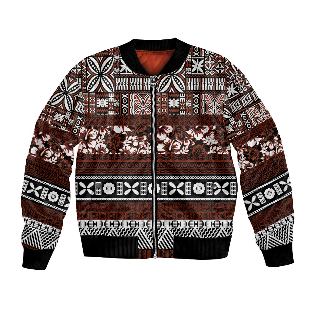 Bula Fiji Bomber Jacket Fijian Tapa Masi With Hibiscus Flowers LT14 Unisex Brown - Polynesian Pride