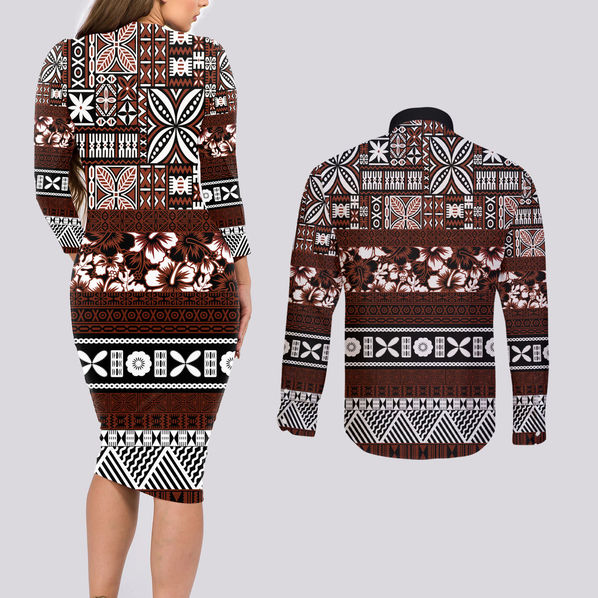 Bula Fiji Couples Matching Long Sleeve Bodycon Dress and Long Sleeve Button Shirt Fijian Tapa Masi With Hibiscus Flowers LT14 - Polynesian Pride