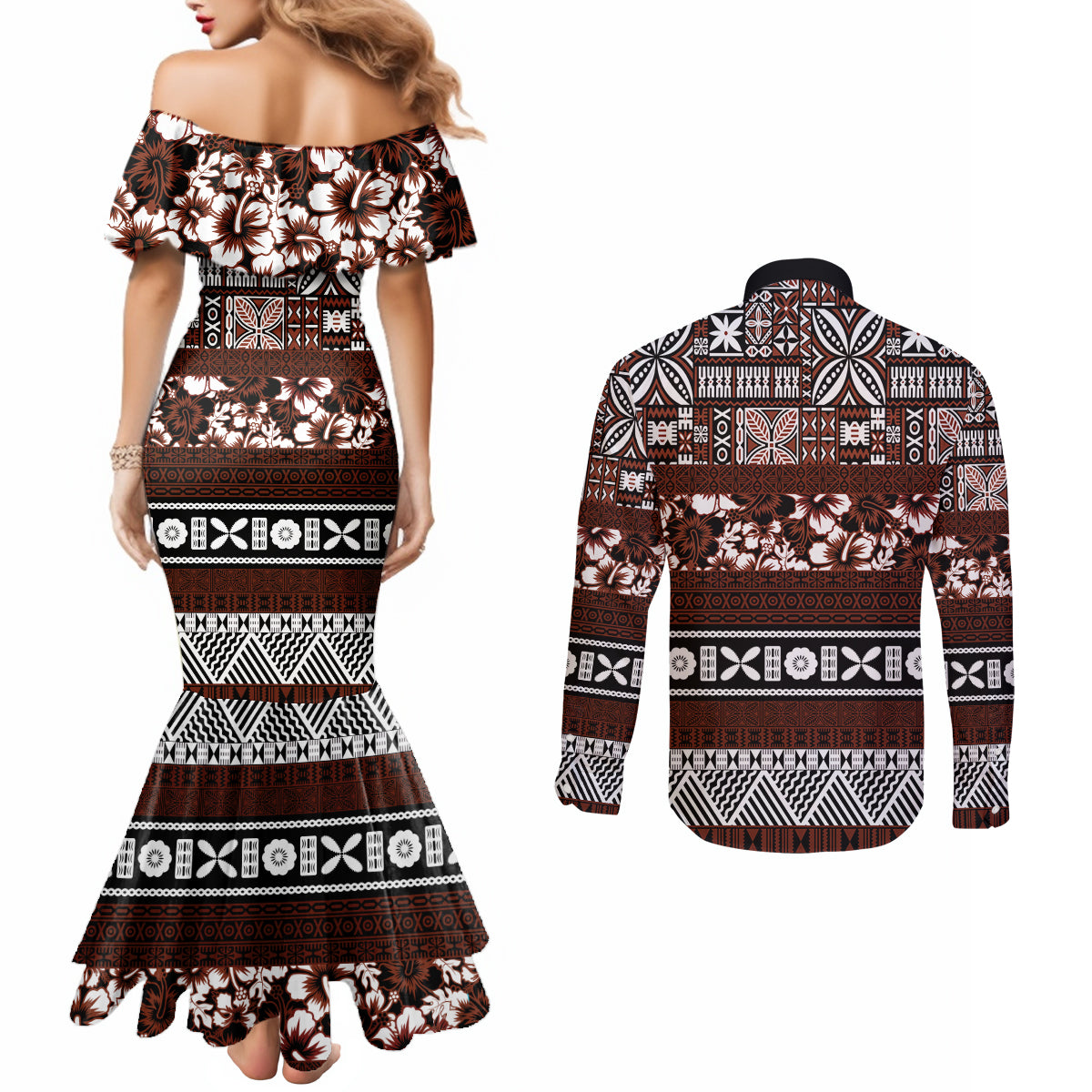Bula Fiji Couples Matching Mermaid Dress and Long Sleeve Button Shirt Fijian Tapa Masi With Hibiscus Flowers LT14 - Polynesian Pride