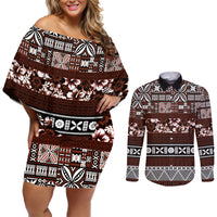 Bula Fiji Couples Matching Off Shoulder Short Dress and Long Sleeve Button Shirt Fijian Tapa Masi With Hibiscus Flowers LT14 Brown - Polynesian Pride