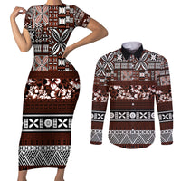 Bula Fiji Couples Matching Short Sleeve Bodycon Dress and Long Sleeve Button Shirt Fijian Tapa Masi With Hibiscus Flowers LT14 Brown - Polynesian Pride