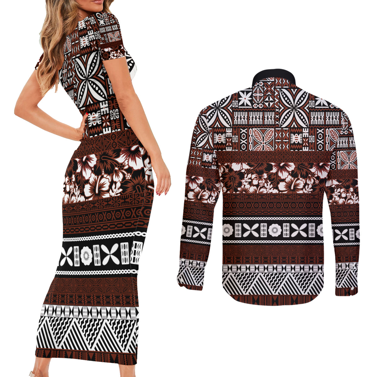 Bula Fiji Couples Matching Short Sleeve Bodycon Dress and Long Sleeve Button Shirt Fijian Tapa Masi With Hibiscus Flowers LT14 - Polynesian Pride