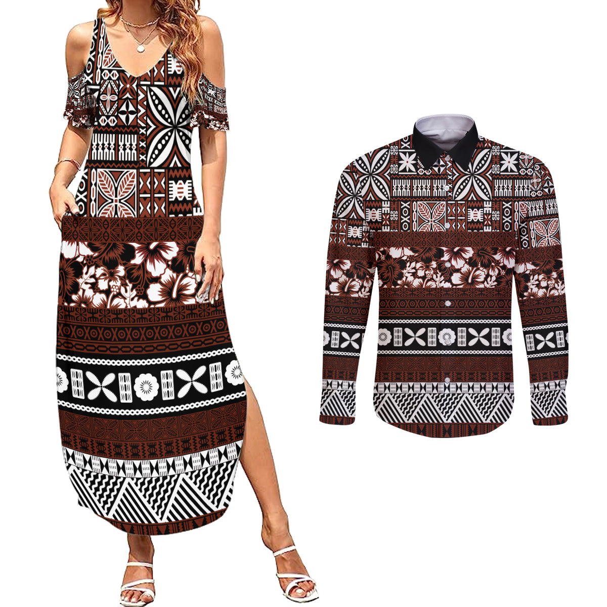 Bula Fiji Couples Matching Summer Maxi Dress and Long Sleeve Button Shirt Fijian Tapa Masi With Hibiscus Flowers LT14 Brown - Polynesian Pride