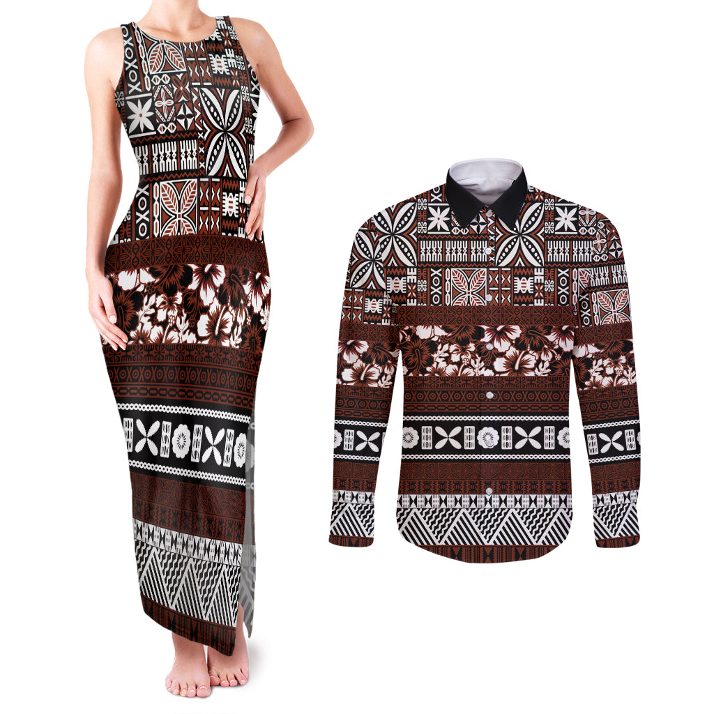 Bula Fiji Couples Matching Tank Maxi Dress and Long Sleeve Button Shirt Fijian Tapa Masi With Hibiscus Flowers LT14 Brown - Polynesian Pride
