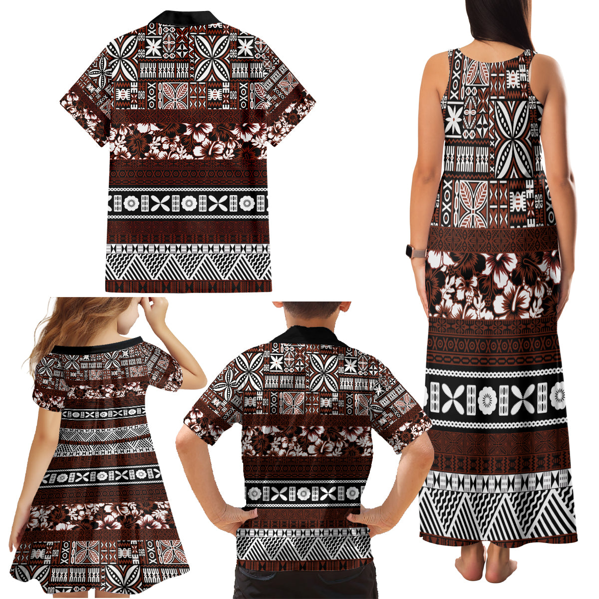 Bula Fiji Family Matching Tank Maxi Dress and Hawaiian Shirt Fijian Tapa Masi With Hibiscus Flowers LT14 - Polynesian Pride