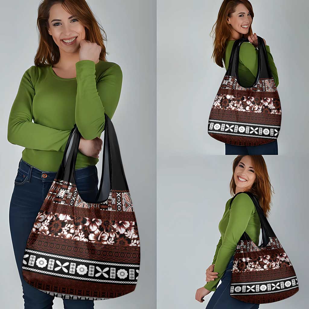 Bula Fiji Grocery Bag Fijian Tapa Masi With Hibiscus Flowers