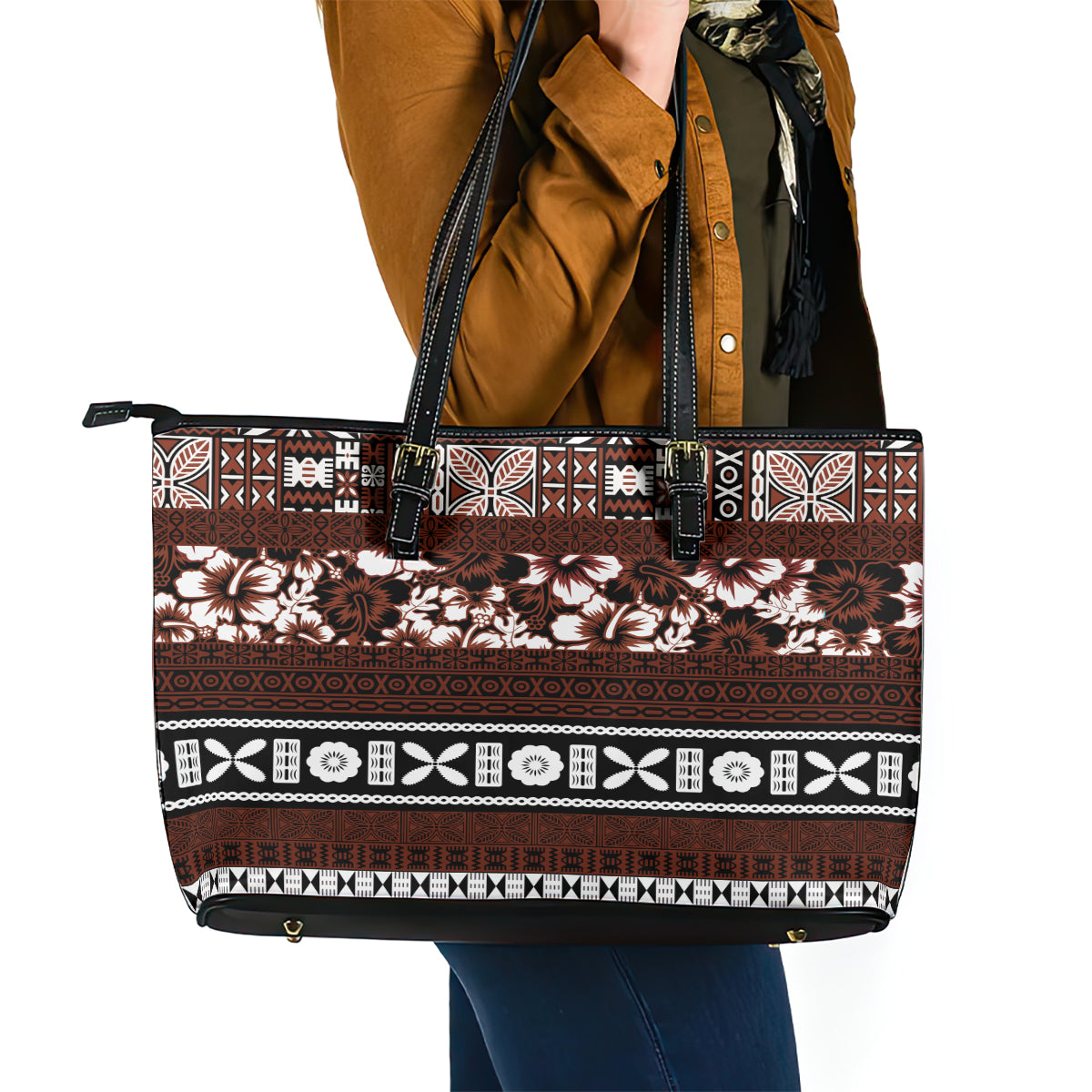 Bula Fiji Leather Tote Bag Fijian Tapa Masi With Hibiscus Flowers LT14 - Polynesian Pride
