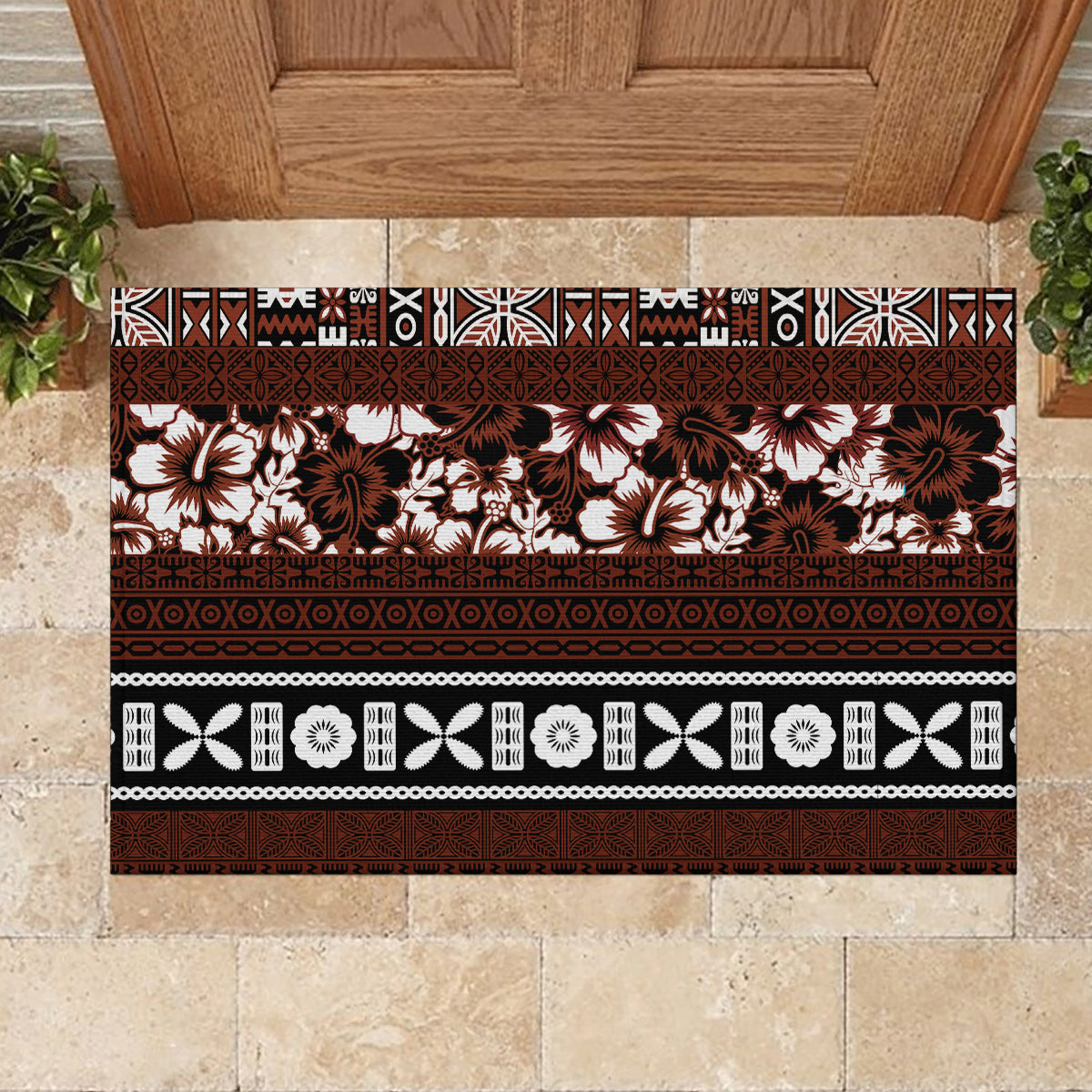 Bula Fiji Rubber Doormat Fijian Tapa Masi With Hibiscus Flowers LT14 - Polynesian Pride