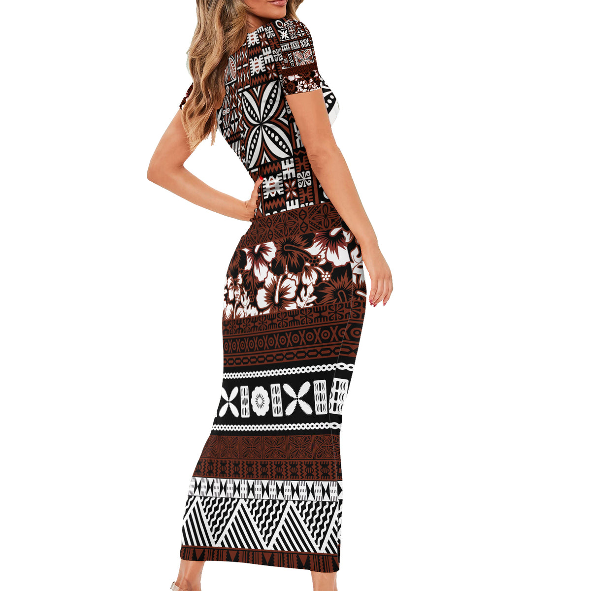 Bula Fiji Short Sleeve Bodycon Dress Fijian Tapa Masi With Hibiscus Flowers LT14 - Polynesian Pride