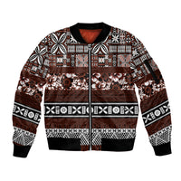 Bula Fiji Sleeve Zip Bomber Jacket Fijian Tapa Masi With Hibiscus Flowers LT14 Unisex Brown - Polynesian Pride