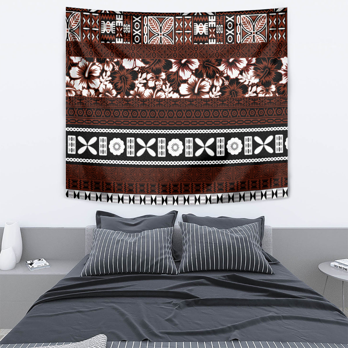 Bula Fiji Tapestry Fijian Tapa Masi With Hibiscus Flowers LT14 - Polynesian Pride