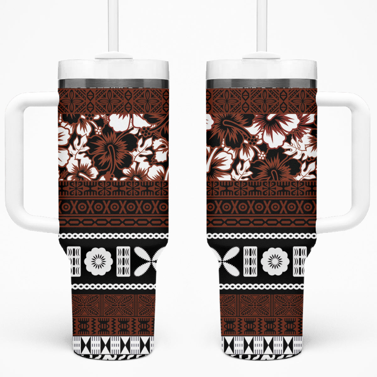 Bula Fiji Tumbler With Handle Fijian Tapa Masi With Hibiscus Flowers