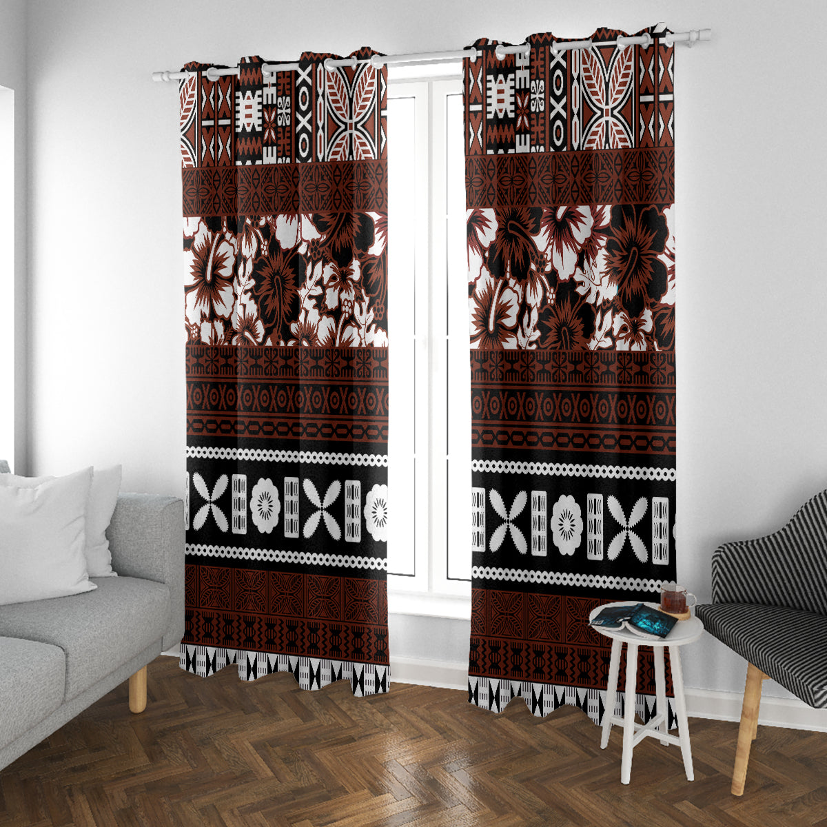 Bula Fiji Window Curtain Fijian Tapa Masi With Hibiscus Flowers LT14 With Grommets Brown - Polynesian Pride
