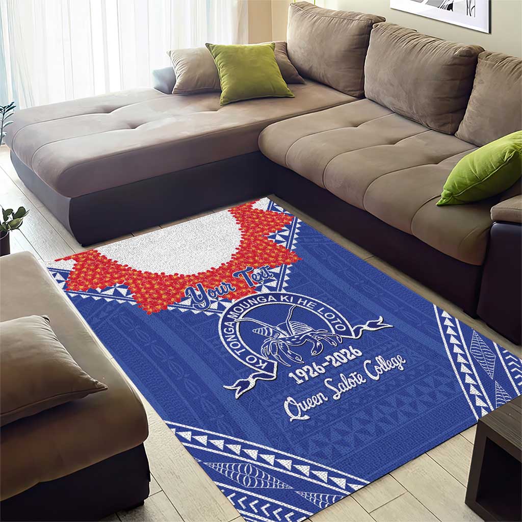 Queen Salote College 100 Years Personalized Area Rug Tonga QSC Heilala Lei Blue Ngatu Pattern