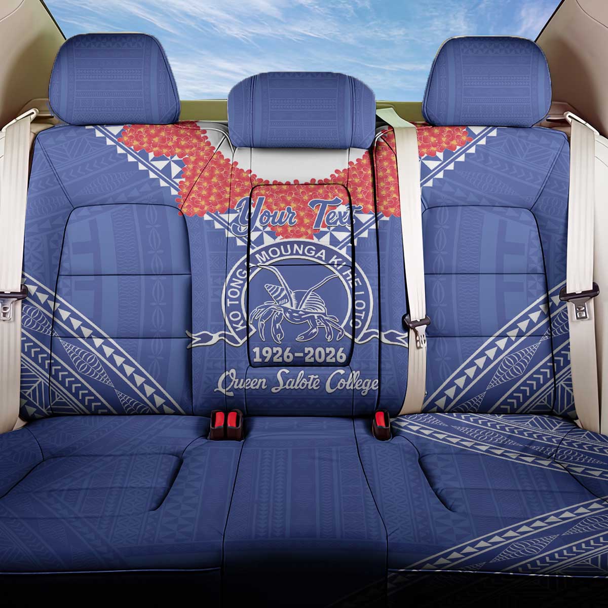 Queen Salote College 100 Years Personalized Back Car Seat Cover Tonga QSC Heilala Lei Blue Ngatu Pattern LT14 One Size Blue - Polynesian Pride