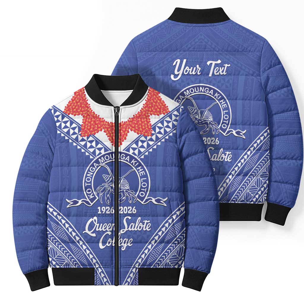 Queen Salote College 100 Years Personalized Bomber Puffer Jacket Tonga QSC Heilala Lei Blue Ngatu Pattern