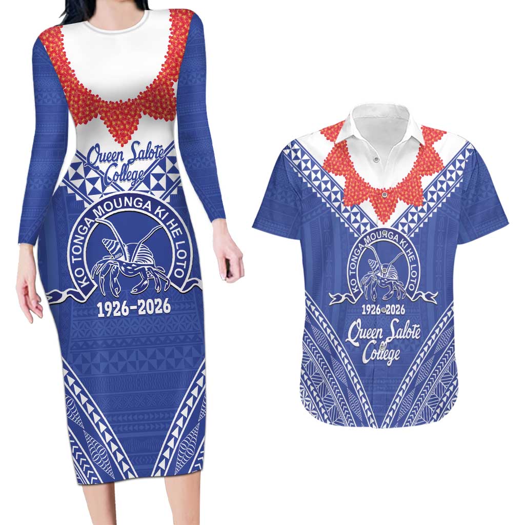 Queen Salote College 100 Years Personalized Couples Matching Long Sleeve Bodycon Dress and Hawaiian Shirt Tonga QSC Heilala Lei Blue Ngatu Pattern LT14 Blue - Polynesian Pride