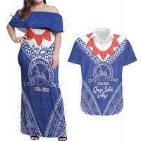 Queen Salote College 100 Years Personalized Couples Matching Off Shoulder Maxi Dress and Hawaiian Shirt Tonga QSC Heilala Lei Blue Ngatu Pattern