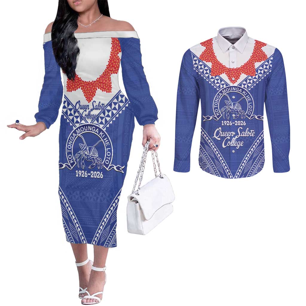 Queen Salote College 100 Years Personalized Couples Matching Off The Shoulder Long Sleeve Dress and Long Sleeve Button Shirt Tonga QSC Heilala Lei Blue Ngatu Pattern LT14 Blue - Polynesian Pride