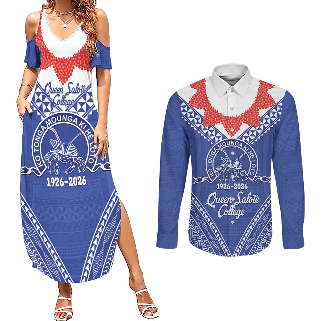 Queen Salote College 100 Years Personalized Couples Matching Summer Maxi Dress and Long Sleeve Button Shirt Tonga QSC Heilala Lei Blue Ngatu Pattern