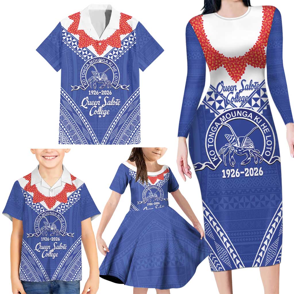 Queen Salote College 100 Years Personalized Family Matching Long Sleeve Bodycon Dress and Hawaiian Shirt Tonga QSC Heilala Lei Blue Ngatu Pattern
