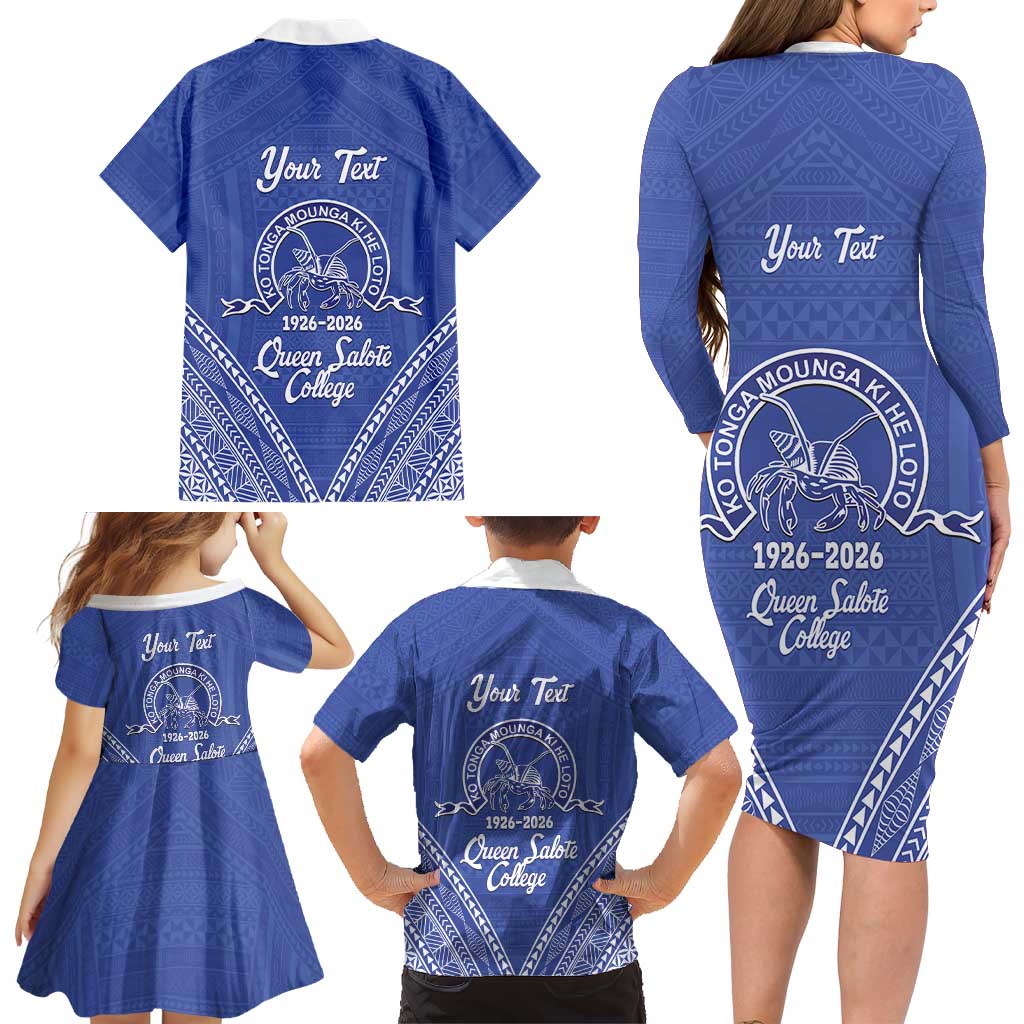 Queen Salote College 100 Years Personalized Family Matching Long Sleeve Bodycon Dress and Hawaiian Shirt Tonga QSC Heilala Lei Blue Ngatu Pattern