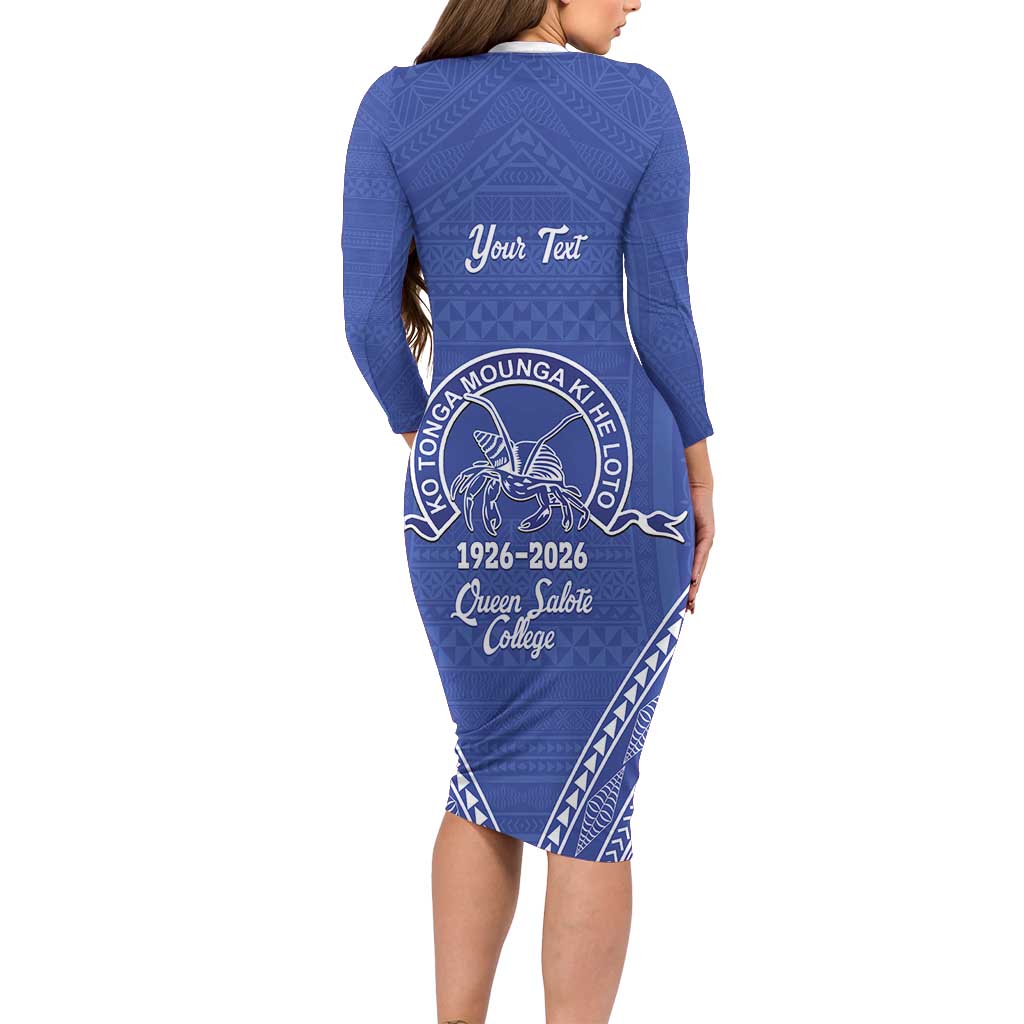 Queen Salote College 100 Years Personalized Family Matching Long Sleeve Bodycon Dress and Hawaiian Shirt Tonga QSC Heilala Lei Blue Ngatu Pattern