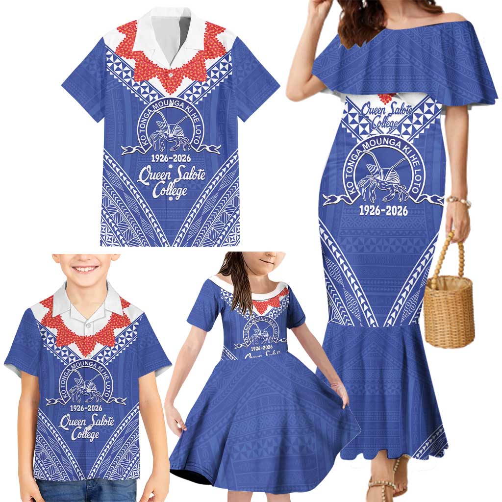 Queen Salote College 100 Years Personalized Family Matching Mermaid Dress and Hawaiian Shirt Tonga QSC Heilala Lei Blue Ngatu Pattern