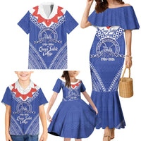 Queen Salote College 100 Years Personalized Family Matching Mermaid Dress and Hawaiian Shirt Tonga QSC Heilala Lei Blue Ngatu Pattern