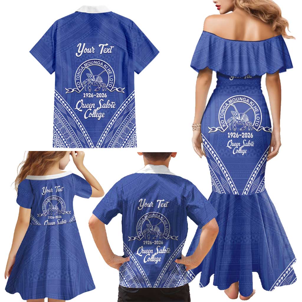 Queen Salote College 100 Years Personalized Family Matching Mermaid Dress and Hawaiian Shirt Tonga QSC Heilala Lei Blue Ngatu Pattern