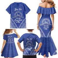Queen Salote College 100 Years Personalized Family Matching Mermaid Dress and Hawaiian Shirt Tonga QSC Heilala Lei Blue Ngatu Pattern