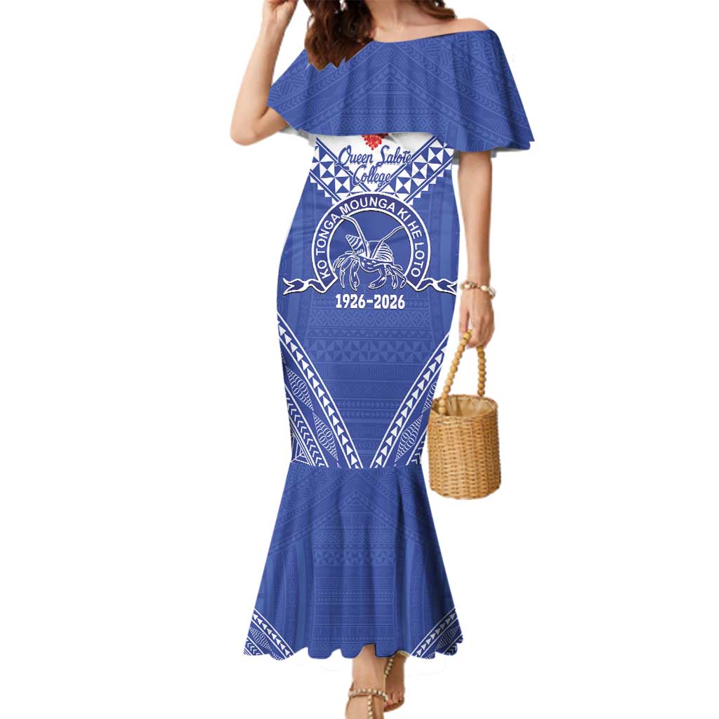 Queen Salote College 100 Years Personalized Family Matching Mermaid Dress and Hawaiian Shirt Tonga QSC Heilala Lei Blue Ngatu Pattern