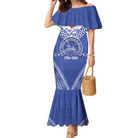 Queen Salote College 100 Years Personalized Family Matching Mermaid Dress and Hawaiian Shirt Tonga QSC Heilala Lei Blue Ngatu Pattern