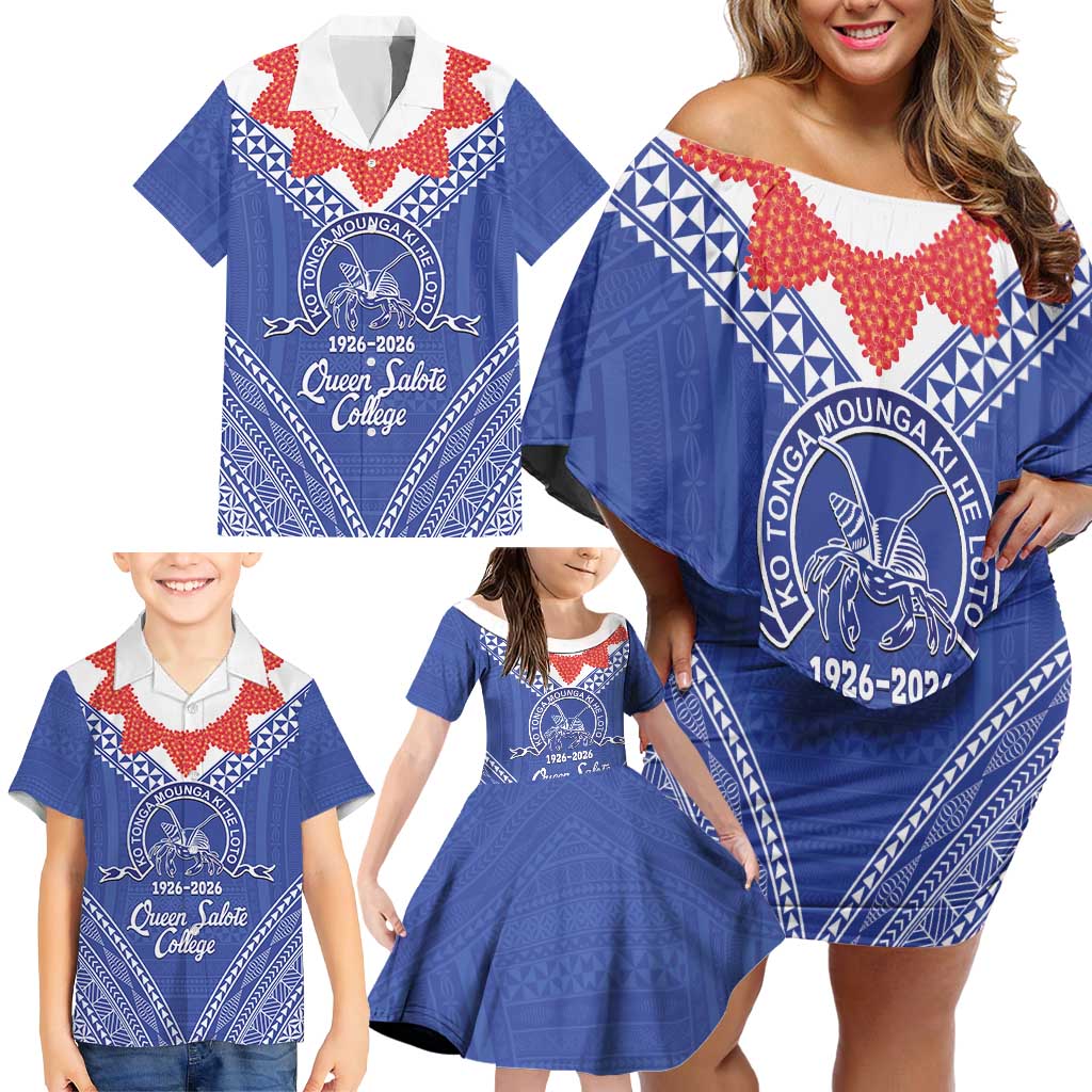 Queen Salote College 100 Years Personalized Family Matching Off Shoulder Short Dress and Hawaiian Shirt Tonga QSC Heilala Lei Blue Ngatu Pattern