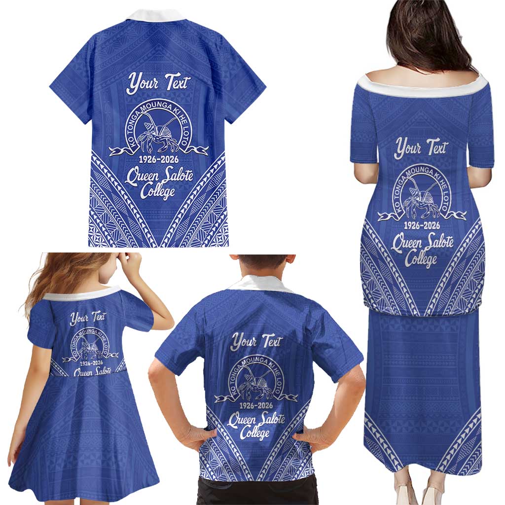 Queen Salote College 100 Years Personalized Family Matching Puletasi and Hawaiian Shirt Tonga QSC Heilala Lei Blue Ngatu Pattern