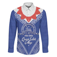 Queen Salote College 100 Years Personalized Family Matching Puletasi and Hawaiian Shirt Tonga QSC Heilala Lei Blue Ngatu Pattern