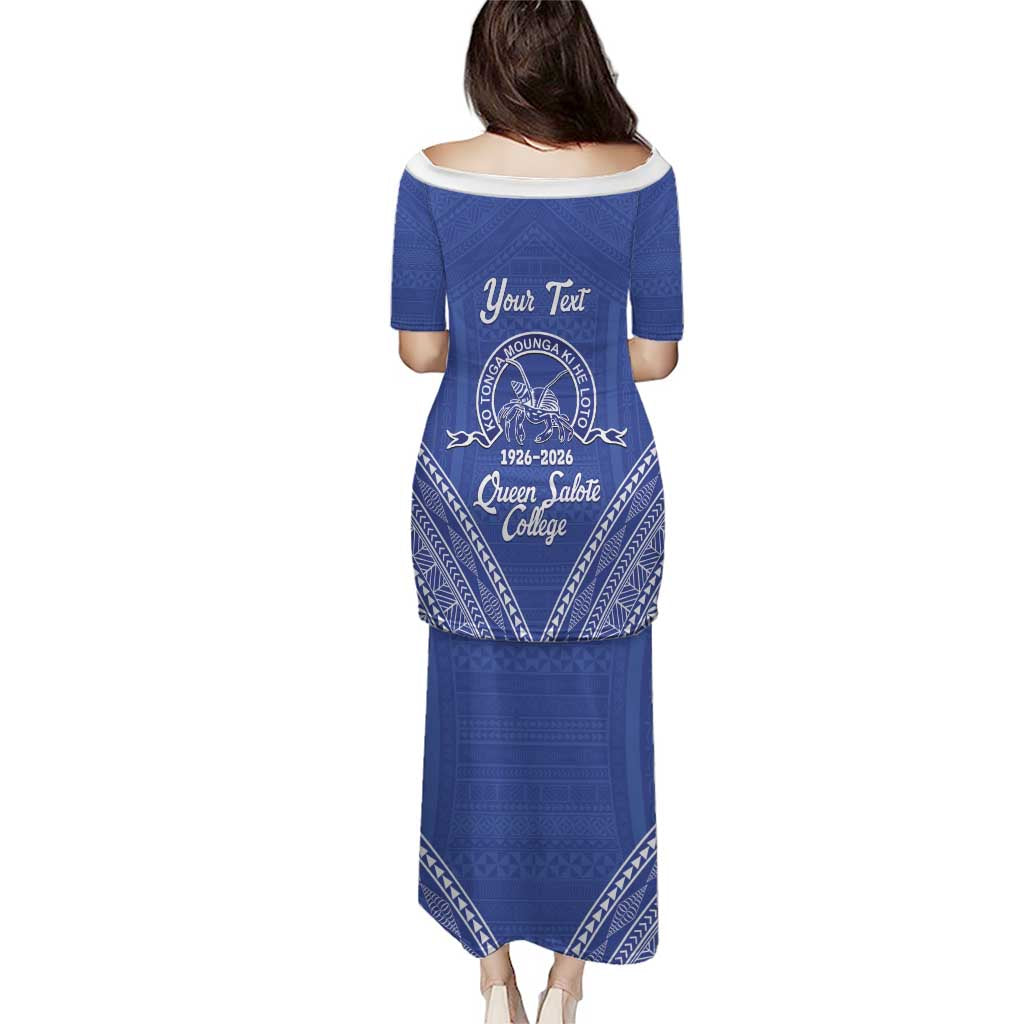 Queen Salote College 100 Years Personalized Family Matching Puletasi and Hawaiian Shirt Tonga QSC Heilala Lei Blue Ngatu Pattern