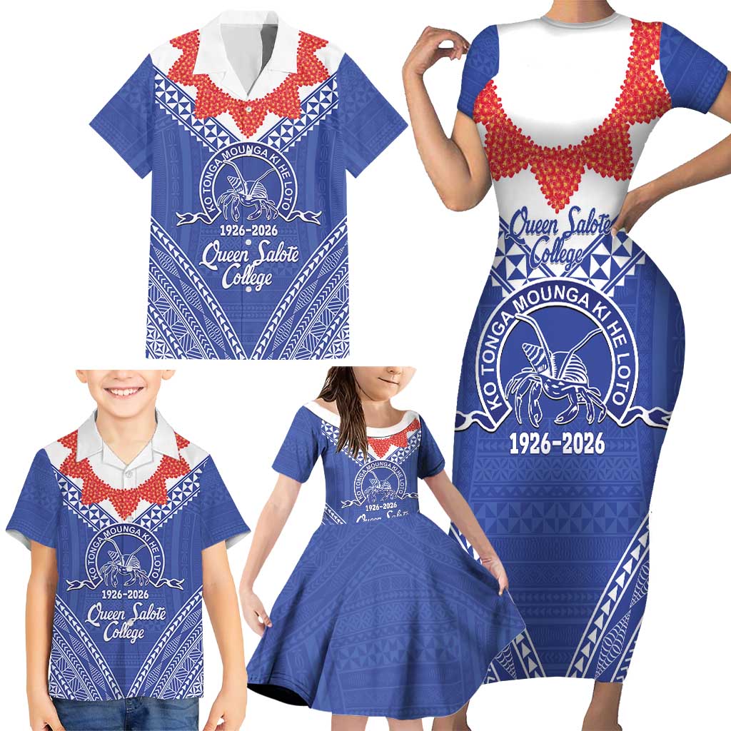 Queen Salote College 100 Years Personalized Family Matching Short Sleeve Bodycon Dress and Hawaiian Shirt Tonga QSC Heilala Lei Blue Ngatu Pattern