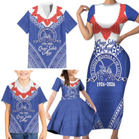 Queen Salote College 100 Years Personalized Family Matching Short Sleeve Bodycon Dress and Hawaiian Shirt Tonga QSC Heilala Lei Blue Ngatu Pattern