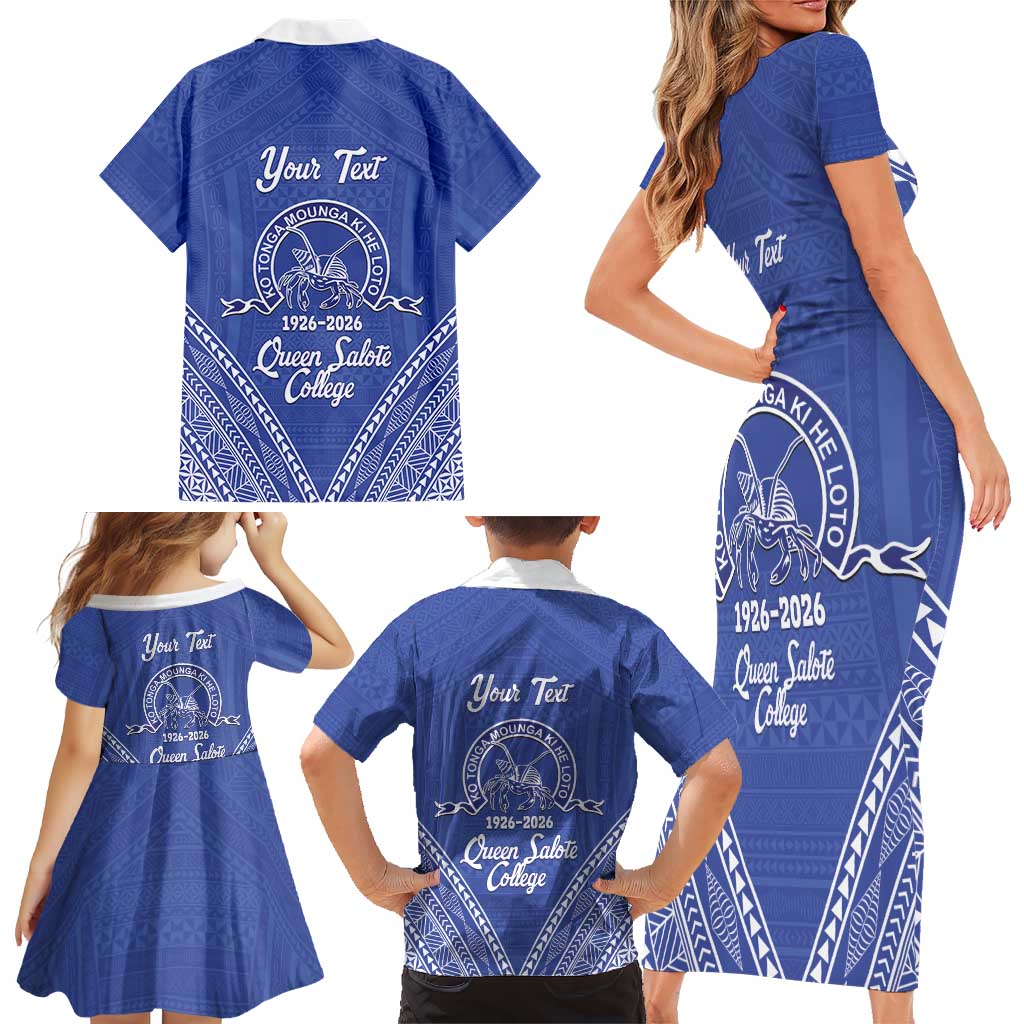 Queen Salote College 100 Years Personalized Family Matching Short Sleeve Bodycon Dress and Hawaiian Shirt Tonga QSC Heilala Lei Blue Ngatu Pattern