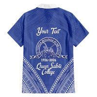 Queen Salote College 100 Years Personalized Family Matching Short Sleeve Bodycon Dress and Hawaiian Shirt Tonga QSC Heilala Lei Blue Ngatu Pattern