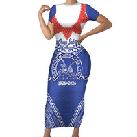 Queen Salote College 100 Years Personalized Family Matching Short Sleeve Bodycon Dress and Hawaiian Shirt Tonga QSC Heilala Lei Blue Ngatu Pattern