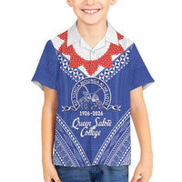 Queen Salote College 100 Years Personalized Family Matching Short Sleeve Bodycon Dress and Hawaiian Shirt Tonga QSC Heilala Lei Blue Ngatu Pattern