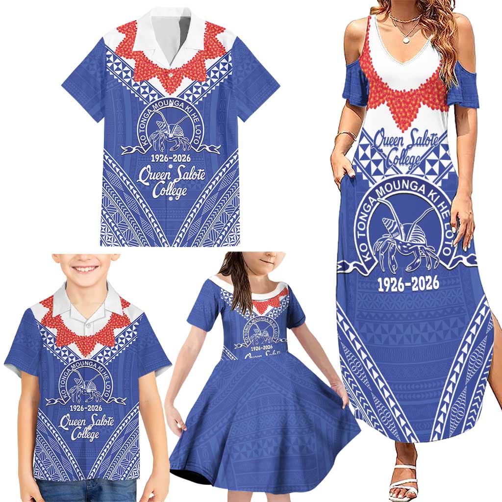 Queen Salote College 100 Years Personalized Family Matching Summer Maxi Dress and Hawaiian Shirt Tonga QSC Heilala Lei Blue Ngatu Pattern LT14 - Polynesian Pride