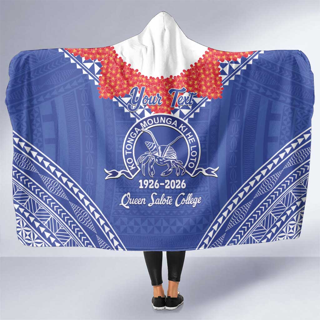 Queen Salote College 100 Years Personalized Hooded Blanket Tonga QSC Heilala Lei Blue Ngatu Pattern