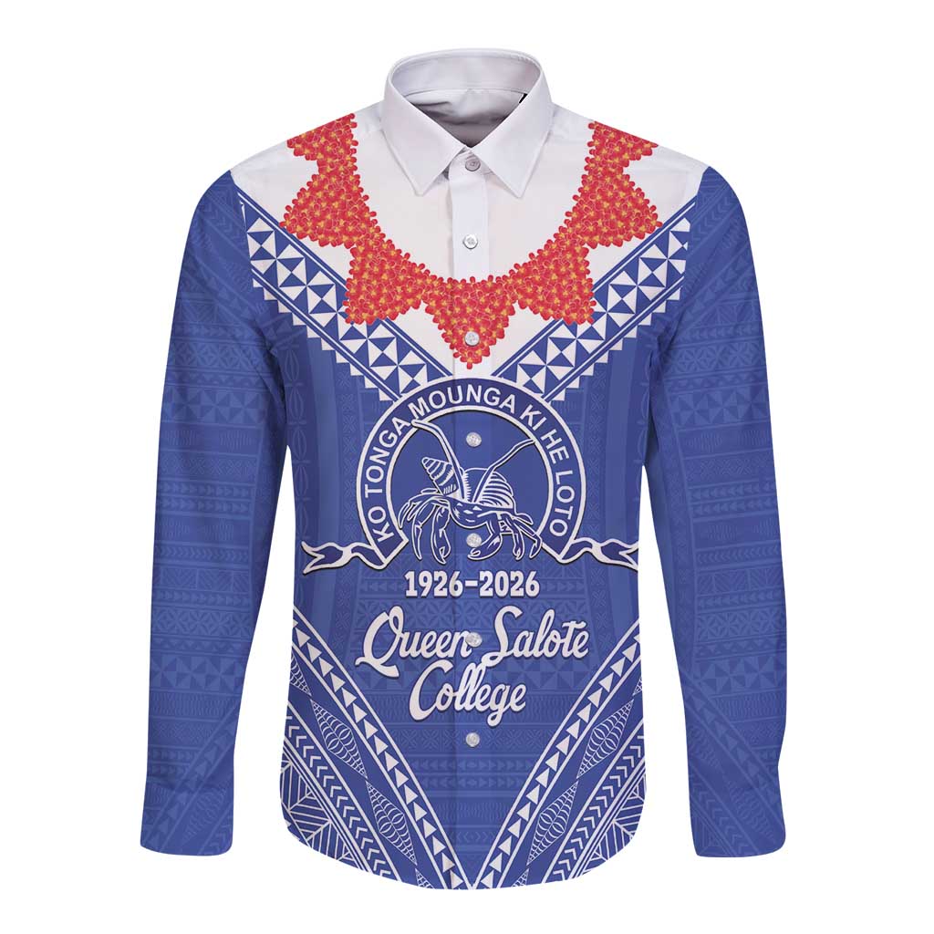 Queen Salote College 100 Years Personalized Long Sleeve Button Shirt Tonga QSC Heilala Lei Blue Ngatu Pattern
