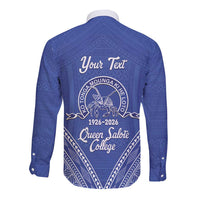 Queen Salote College 100 Years Personalized Long Sleeve Button Shirt Tonga QSC Heilala Lei Blue Ngatu Pattern