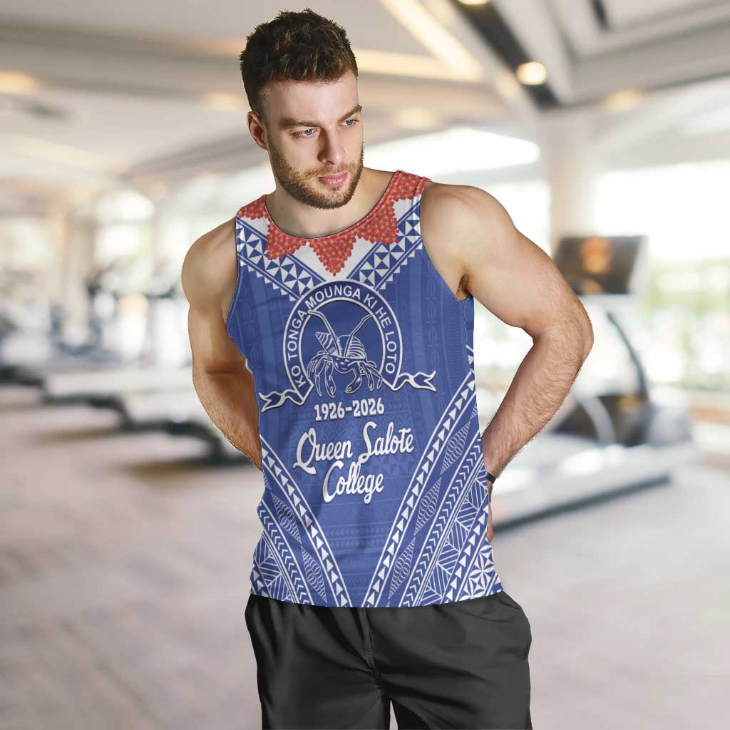 Queen Salote College 100 Years Personalized Men Tank Top Tonga QSC Heilala Lei Blue Ngatu Pattern