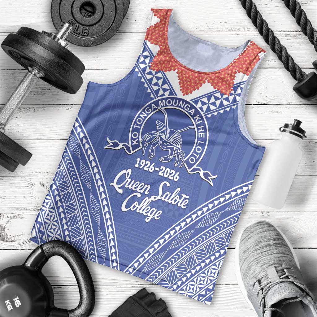 Queen Salote College 100 Years Personalized Men Tank Top Tonga QSC Heilala Lei Blue Ngatu Pattern